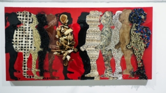 Auctioned souls 
24 x 48
mixed medium assemblage and found objects
2019
Price $4000